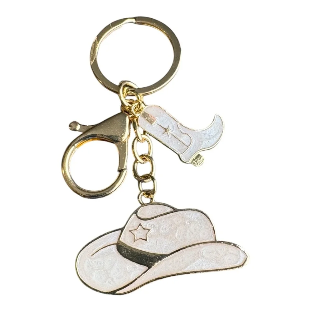 Women's White Gold-Tone Cowboy Hat Boot Charm Western Key Chain 3.5